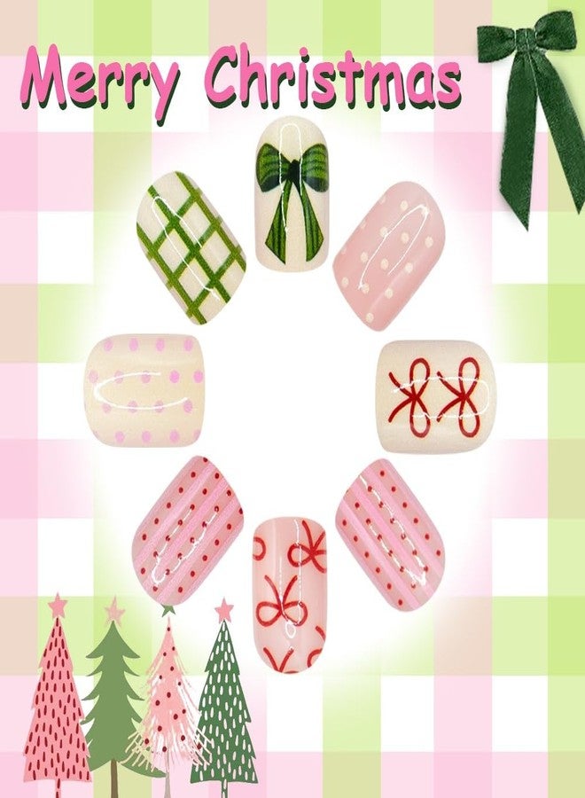 Sevgob Christmas Press on Nails Short Almond Fake Nails with Cute Red Green Bow Design Glossy Round Dot Nail Press ons Holly Fruit Glue on Nail Winter Xmas Holiday Christmas Nails for Women Manicure 24Pcs - Image 4